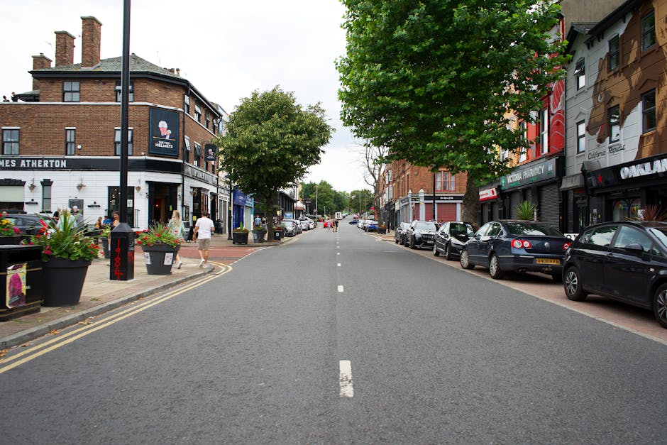 A daytime street scene showing a quiet commercial area with several parked cars along the curb on the right side of the road, including sedans and hatchbacks, and pedestrians walking on the sidewalk on the left. Modern buildings line both sides of the street, with some storefronts and signage visible, including a pub on the left and various shops on the right. In the foreground, a tree with green foliage partially shades the sidewalk where a few people are walking. The street is mostly empty of traffic, with a van likely used for furniture transport or home relocation parked further down the road. Visible objects include potted plants on the pavement, a lamppost, and some traffic markings such as the double yellow lines on the curbside. This scene, captured on a bright day with natural light, represents a typical residential and commercial area suitable for house removals and moving services, with ample parking and accessible entry points for loading and unloading furniture and boxes as part of packing and moving operations.